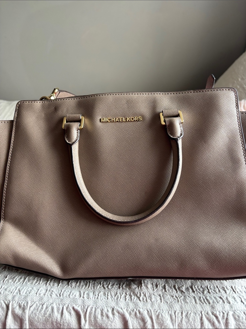 Michael Kors Taupe Saffiano Leather Satchel with Gold Hardware